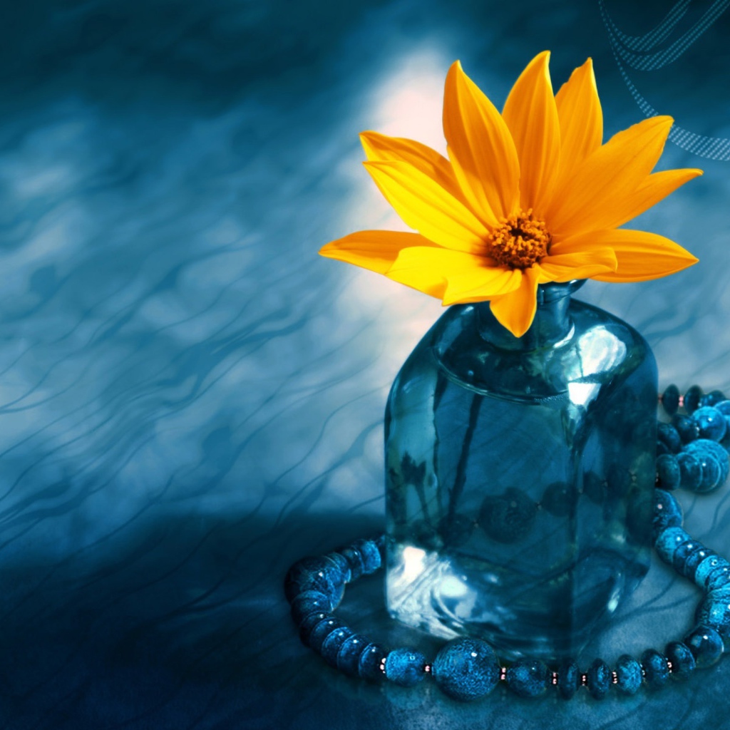 Желтый цветок в синей бутылке