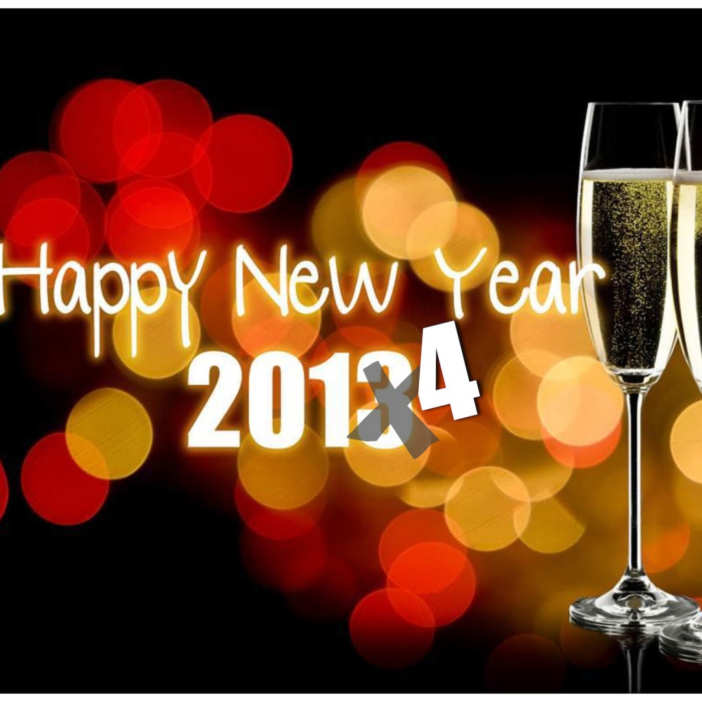 Счастливого Нового Года 2014, бокалы с шампанским и огни