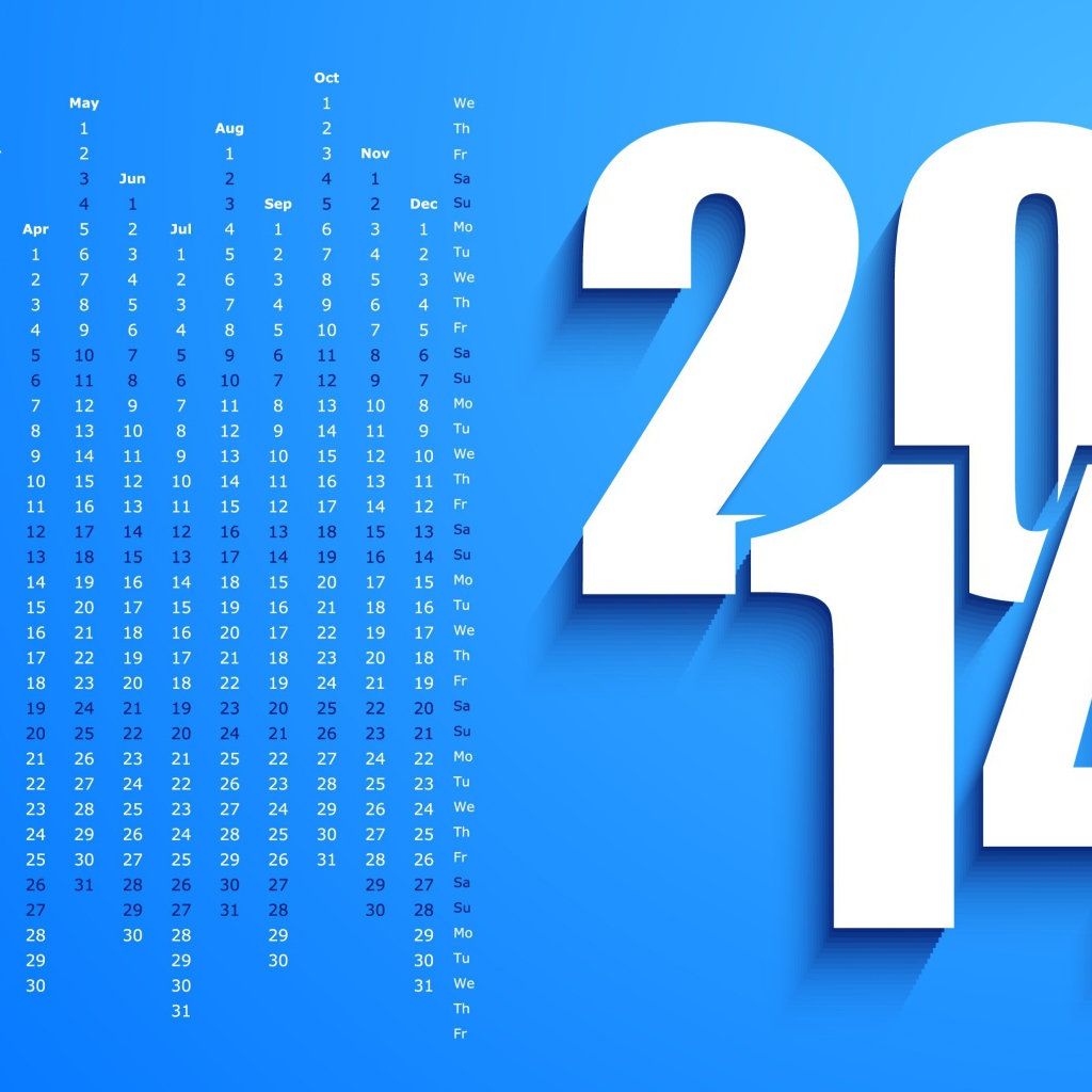 Новый год 2014, календарь на голубом фоне