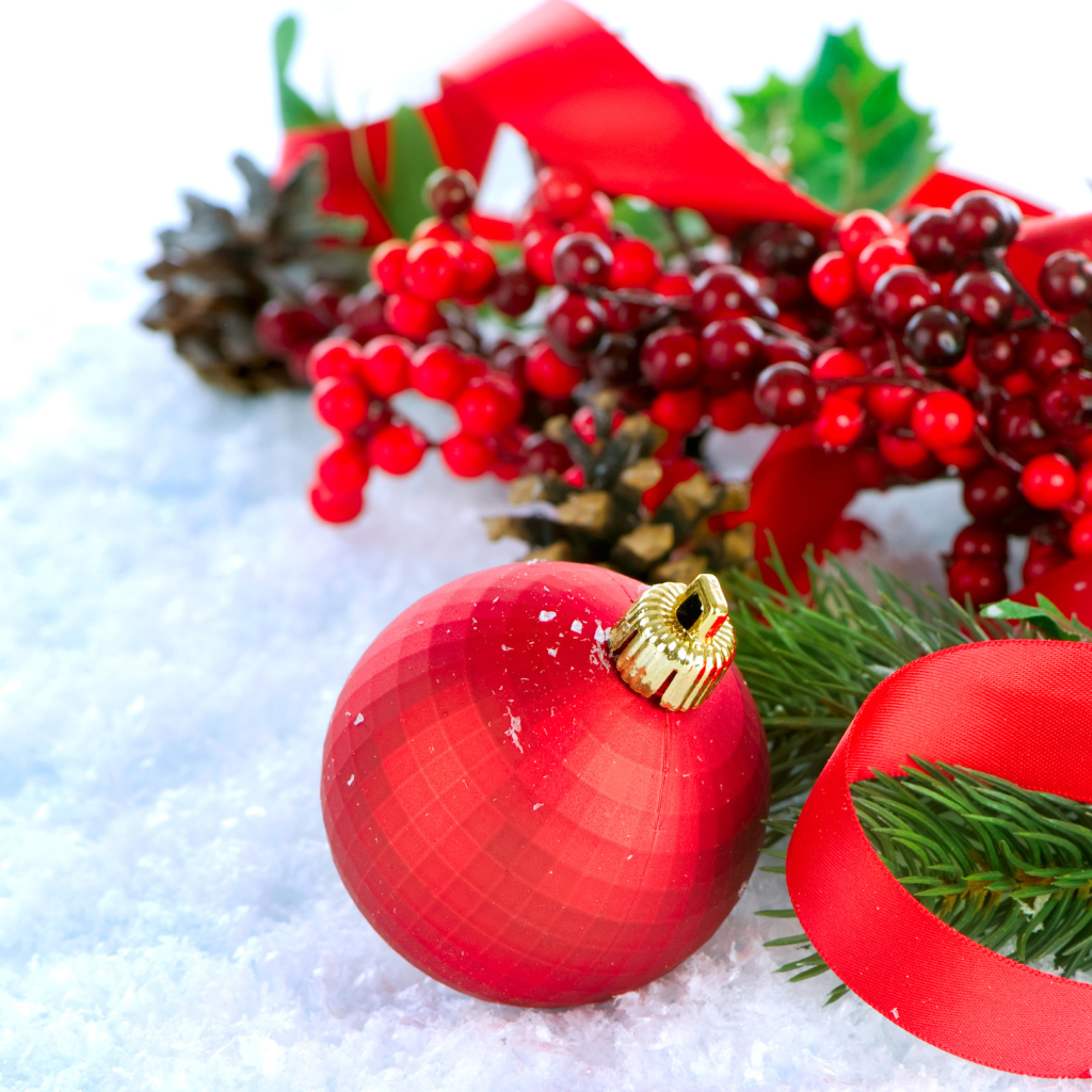 Красные ёлочные украшения на снегу