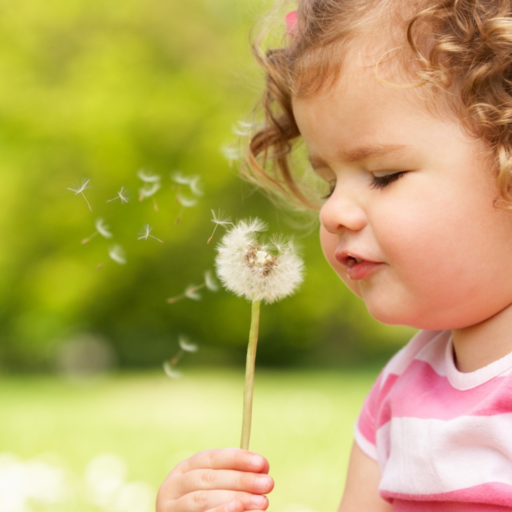 Ребенок дует на одуванчик