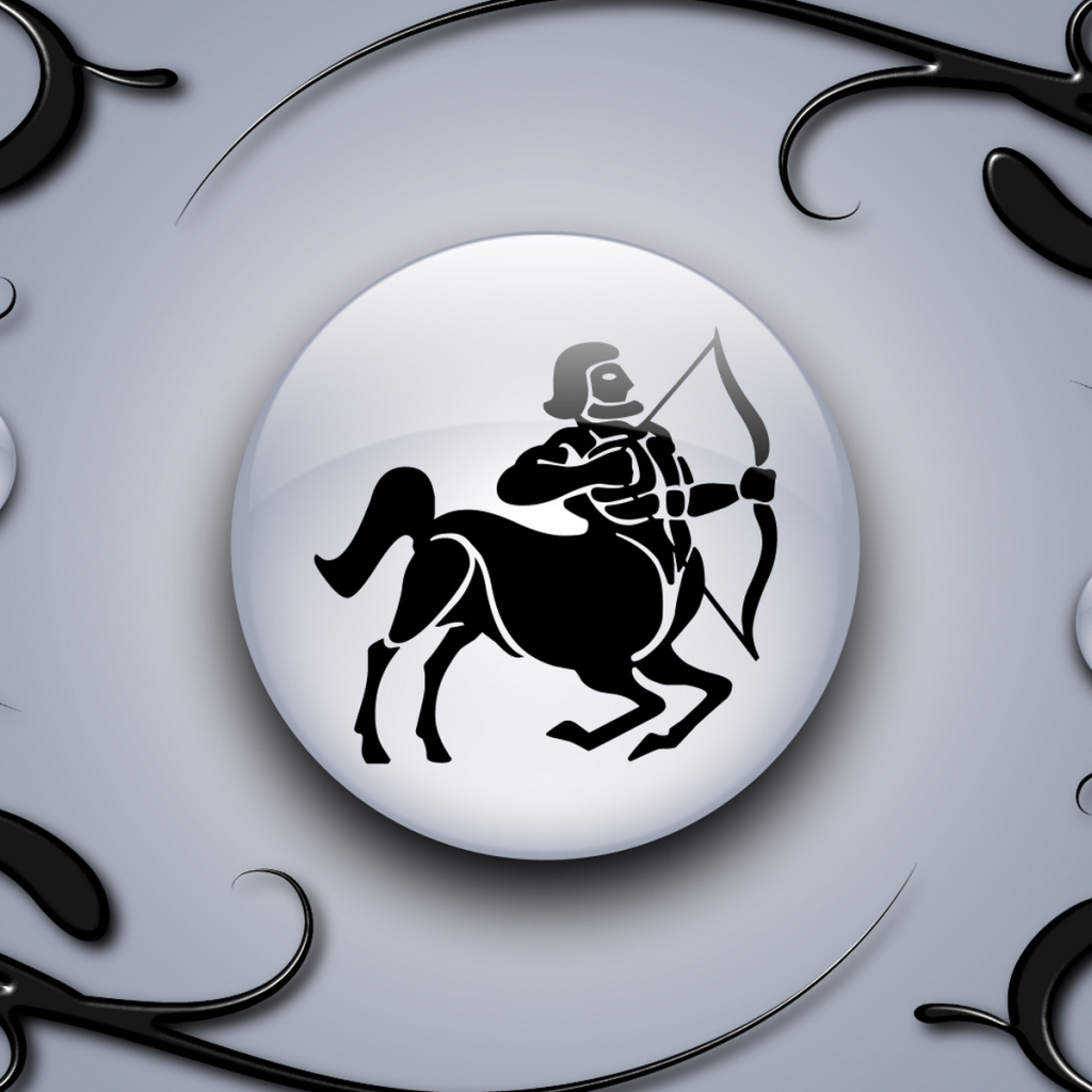 Знак стрелец на сером фоне с чёрным орнаментом