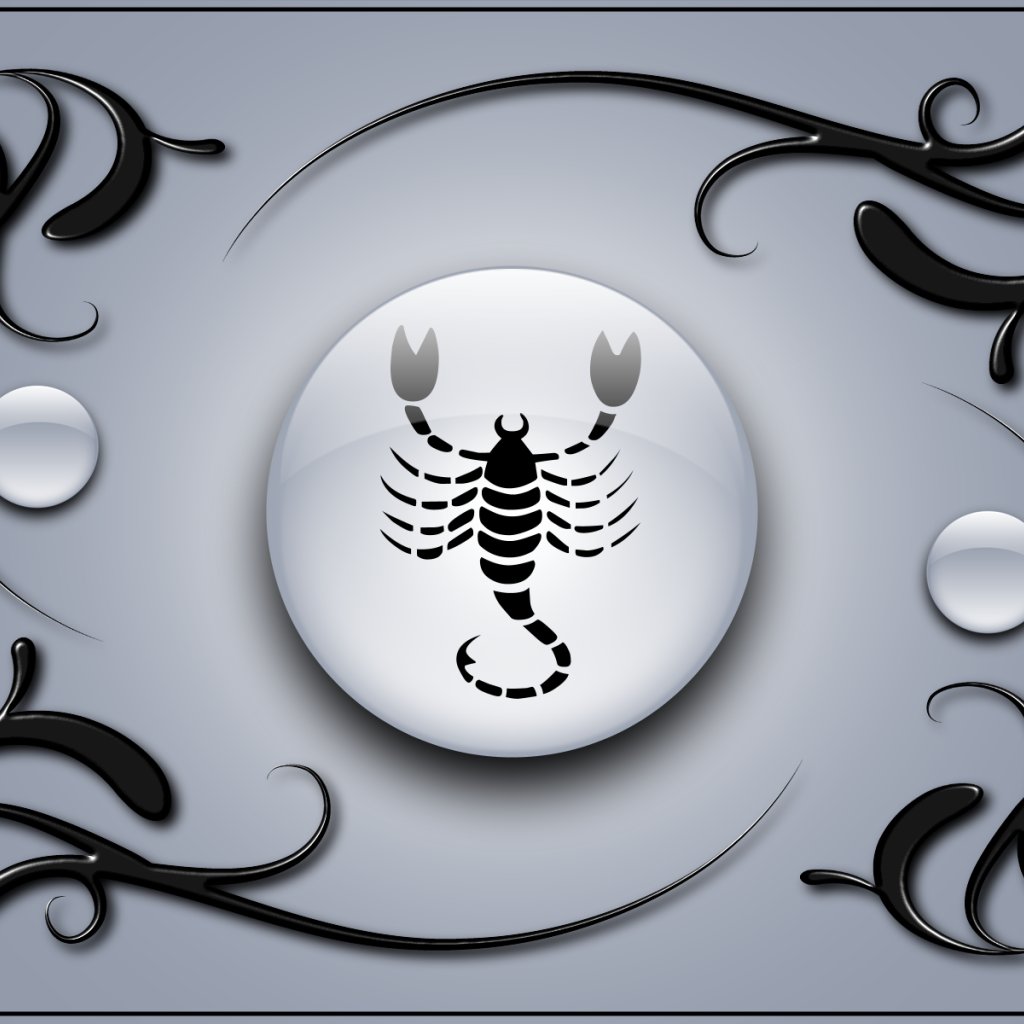 Знак скорпион на сером фоне с чёрным орнаментом 