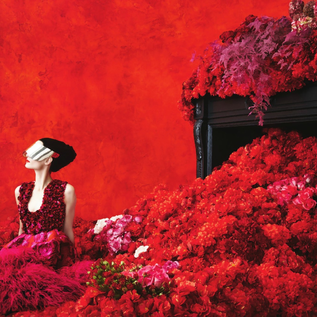 Девушка в красных цветах на красном фоне