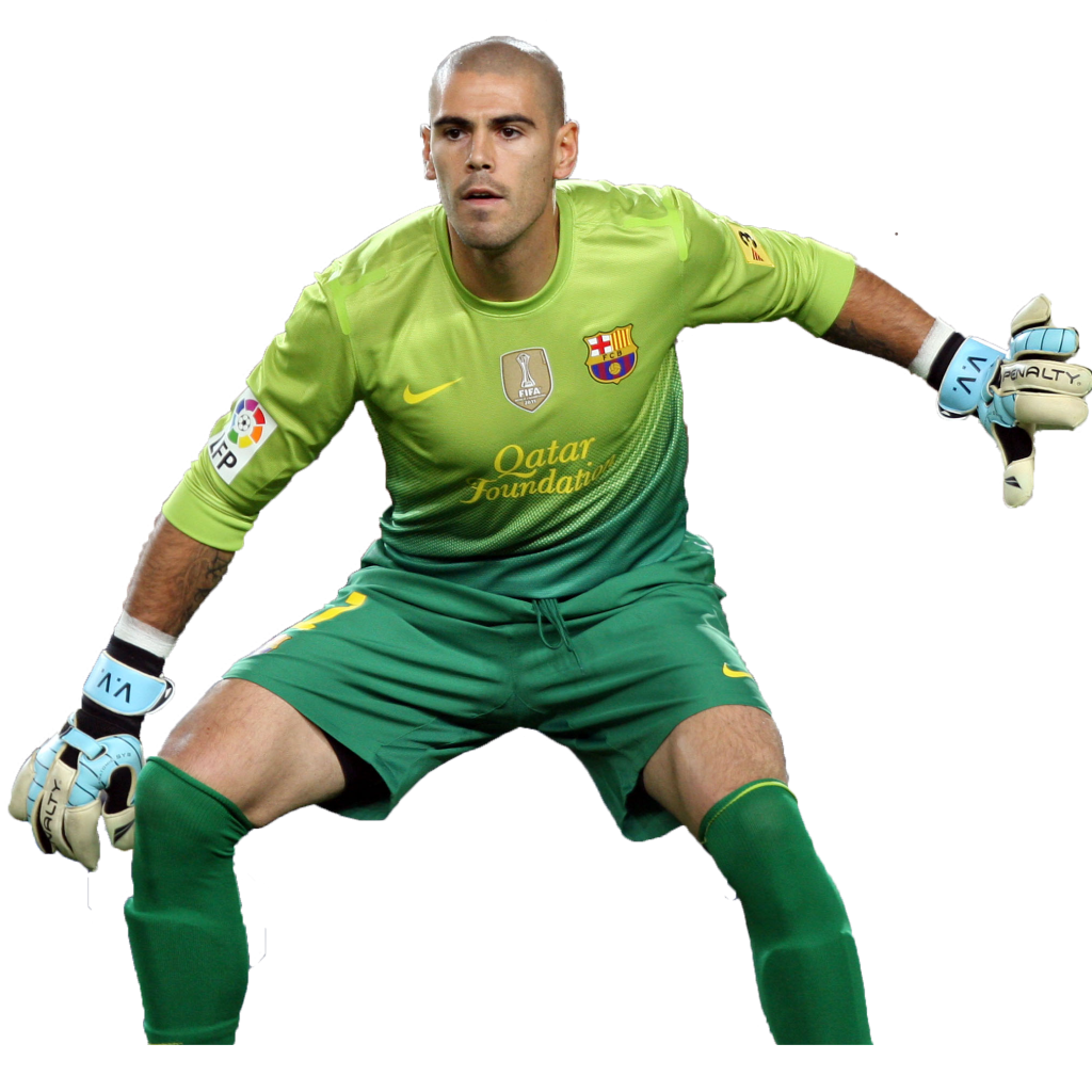 Игрок Барселоны Виктор Вальдес на белом фоне