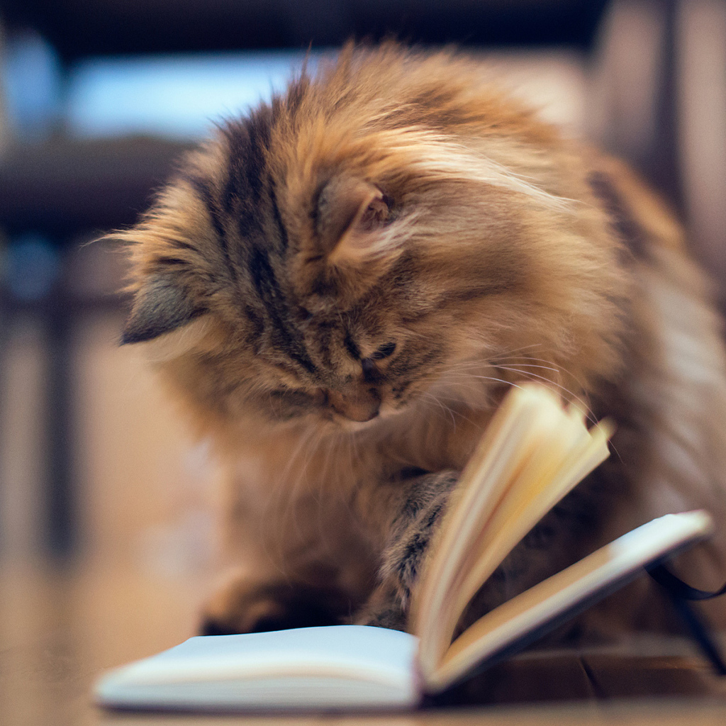 Cat reading a book