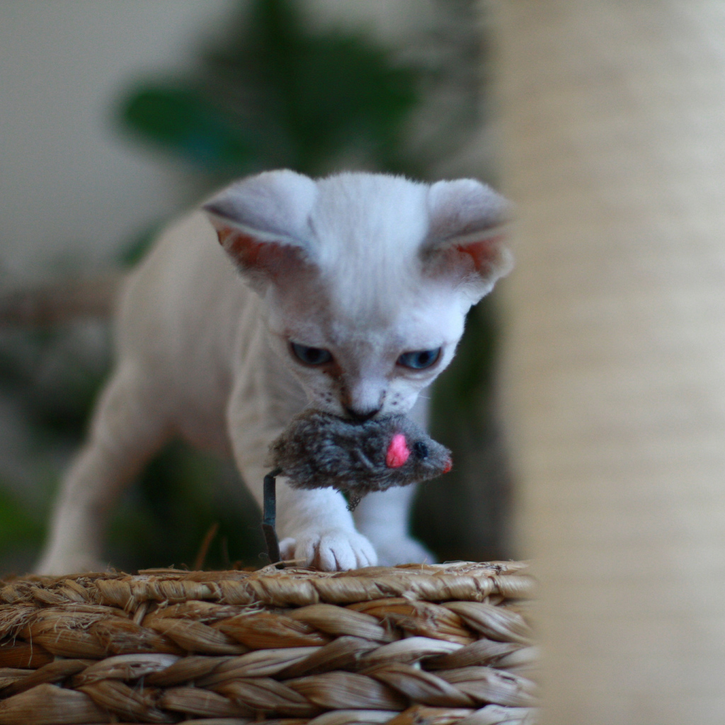 Котенок девон-рекс с игрушкой