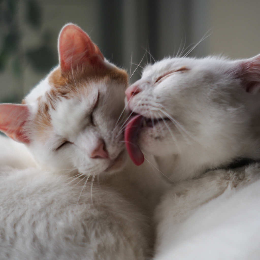 Белый кот лижет другого кота