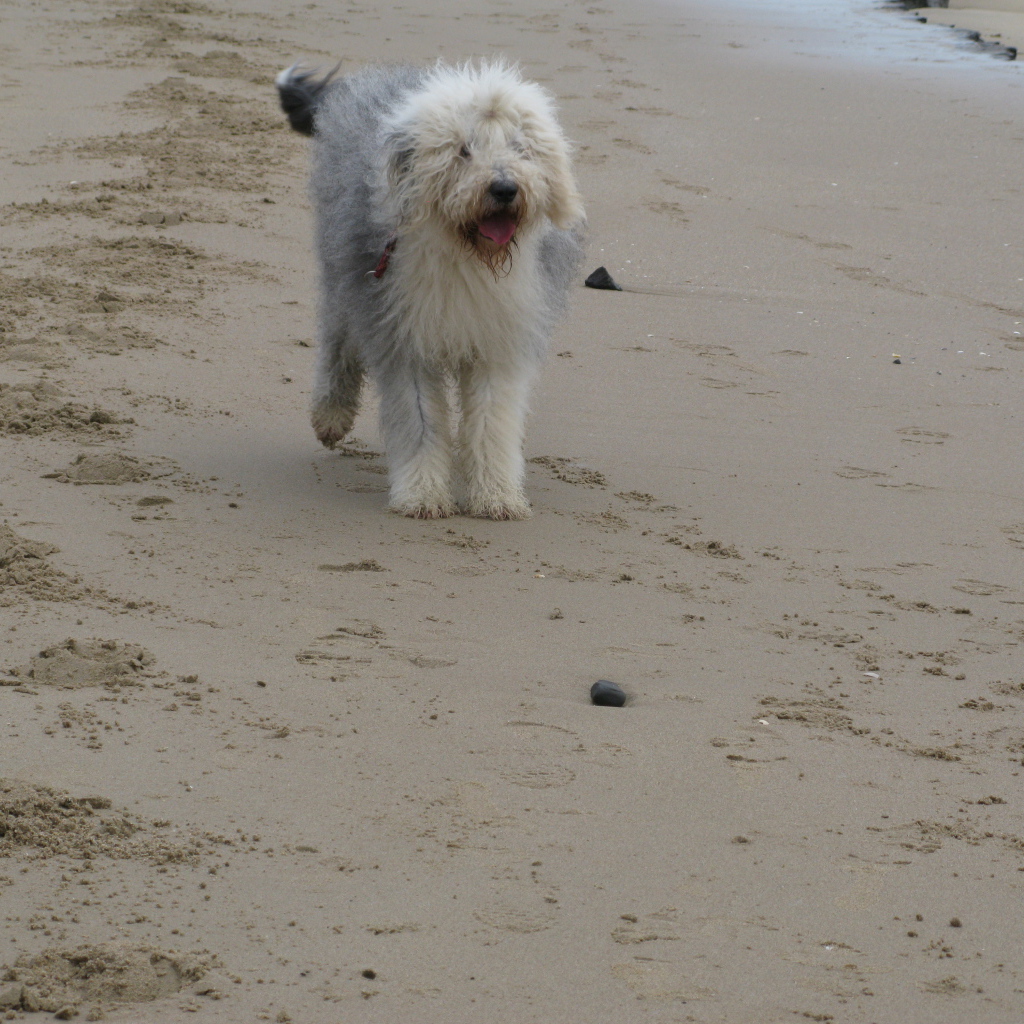 Собака бобтейл на пляже