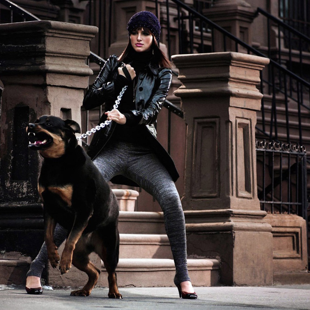 Девушка держит ротвейлера