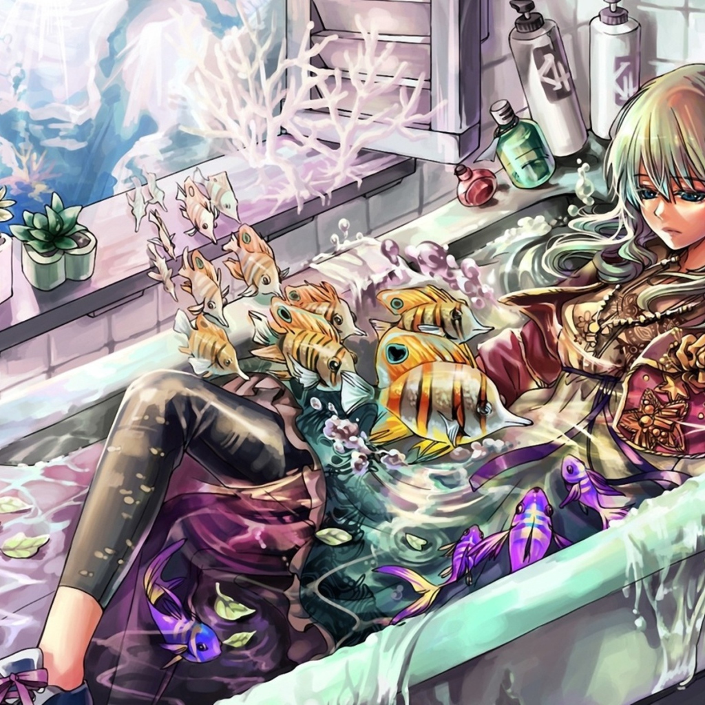 Девочка в ванне с рыбами