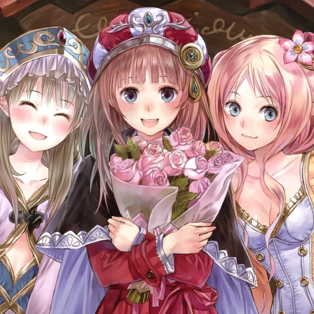Три девочки с букетом роз