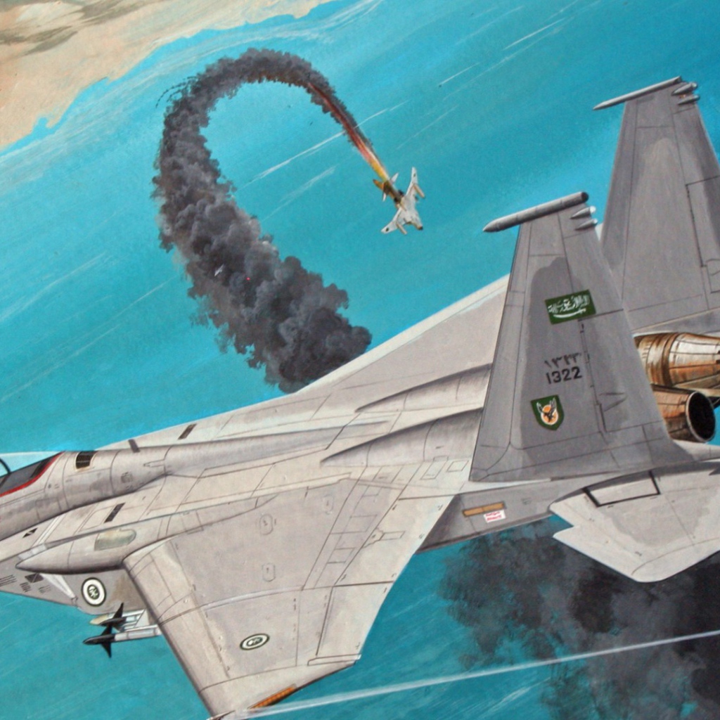 Подбитый самолет падает в море