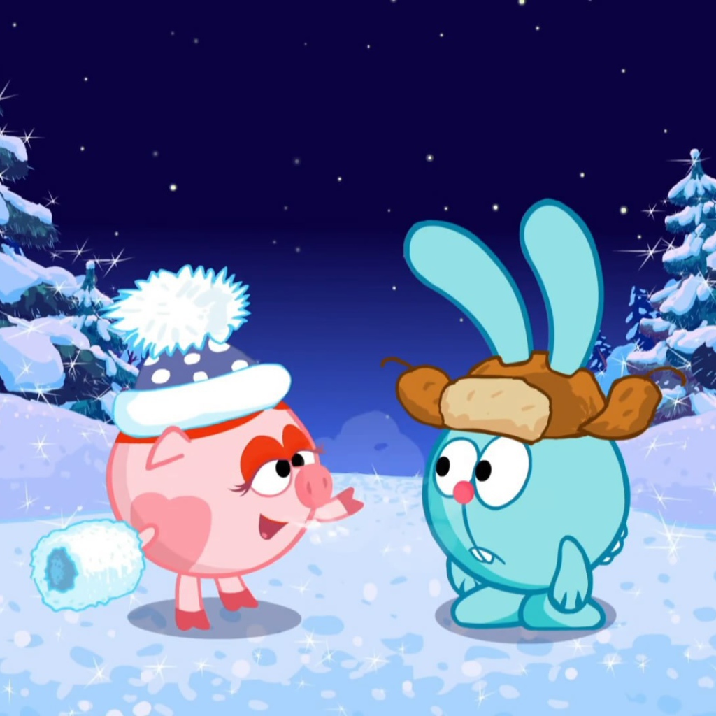 Крош и Нюша в зимнем лесу в мультфильме Смешарики