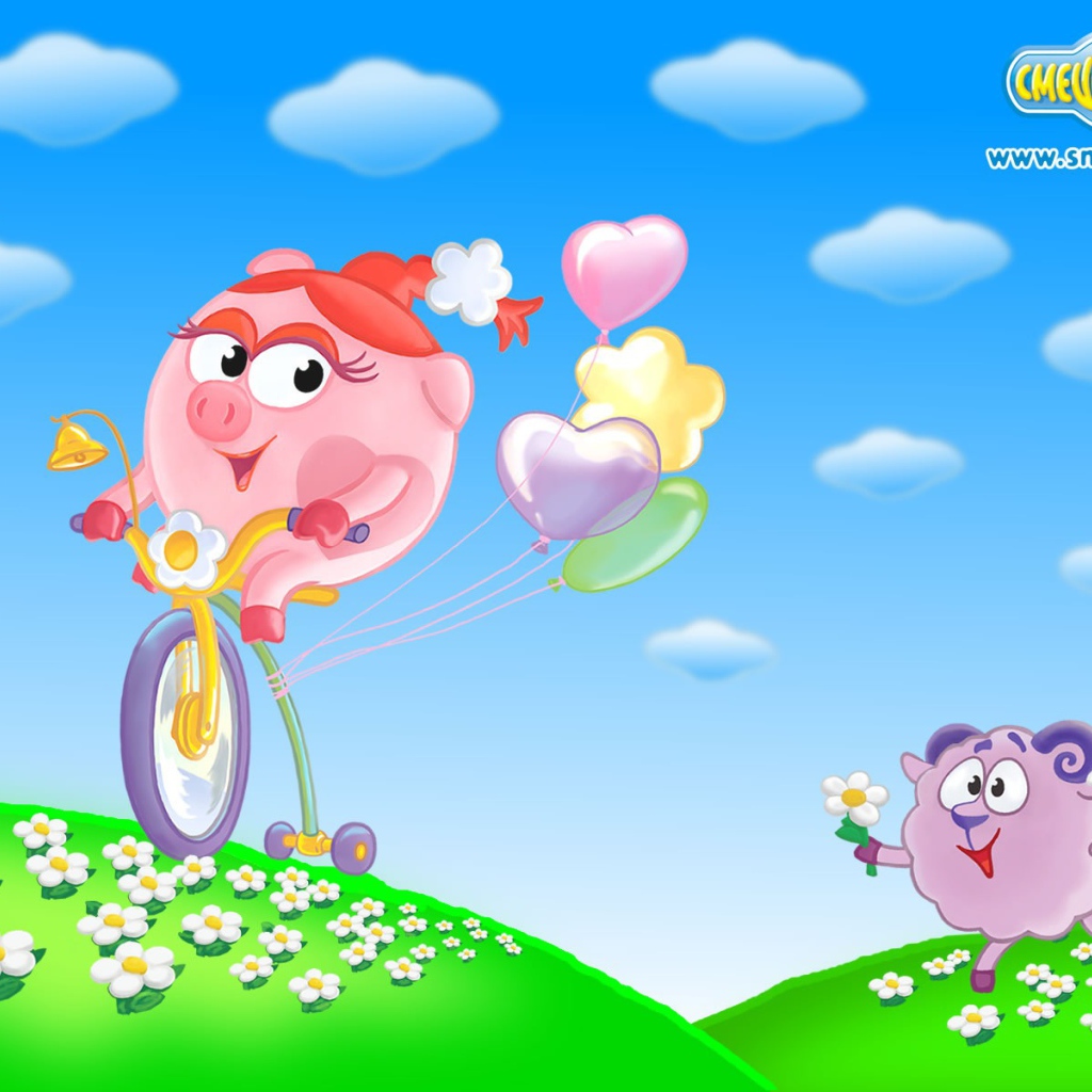 Нюша на велосипеде в мультфильме Смешарики