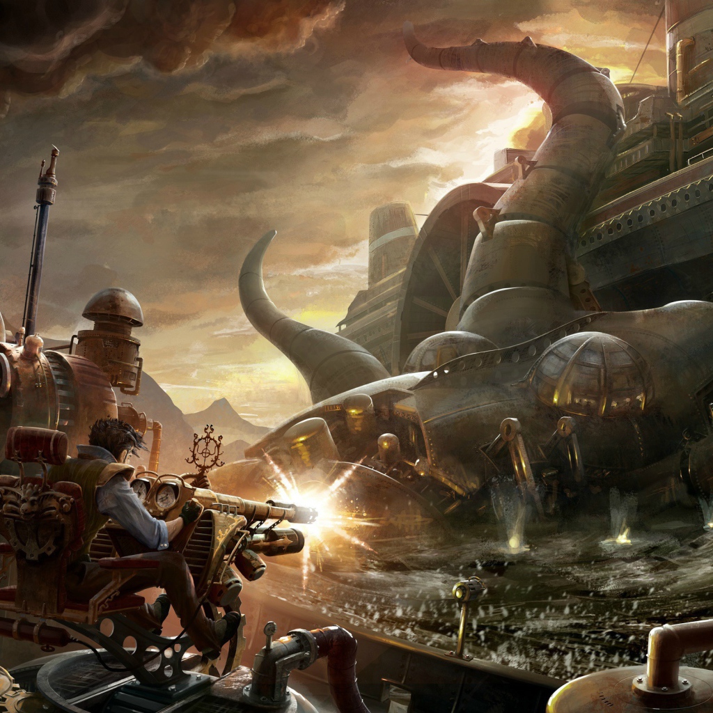 Борьба с металлическим монстром стимпанк