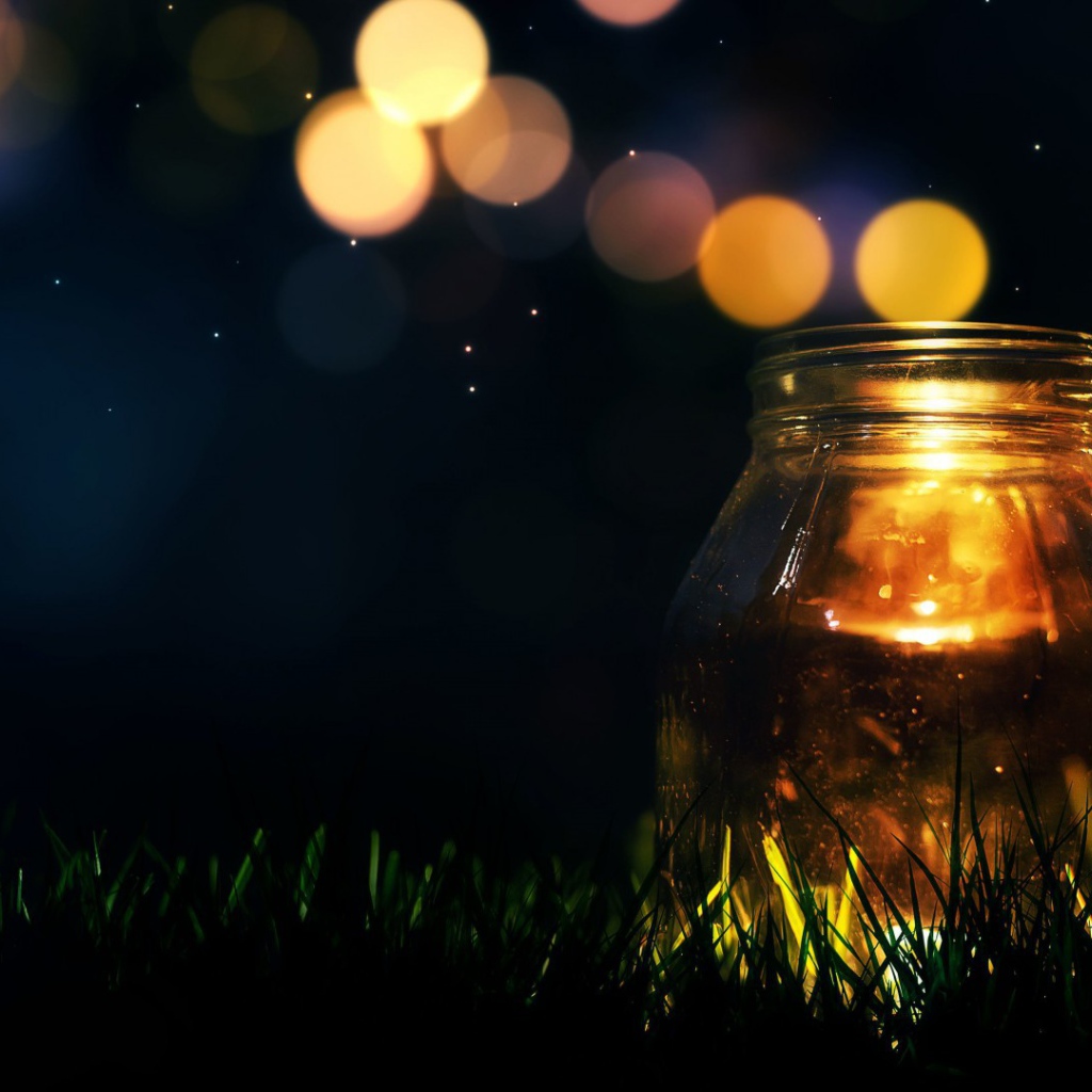 Стеклянная банка на траве ночью