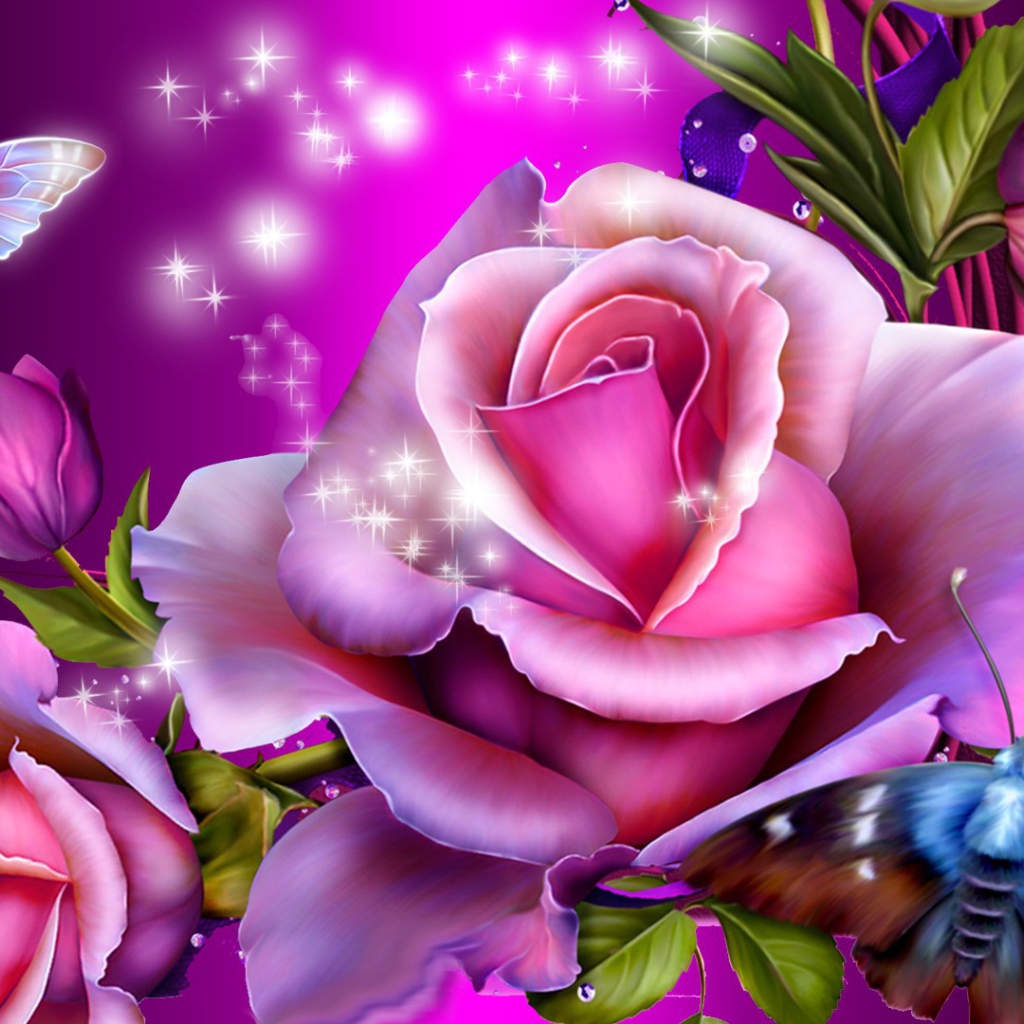Фиолетовые розы и бабочки