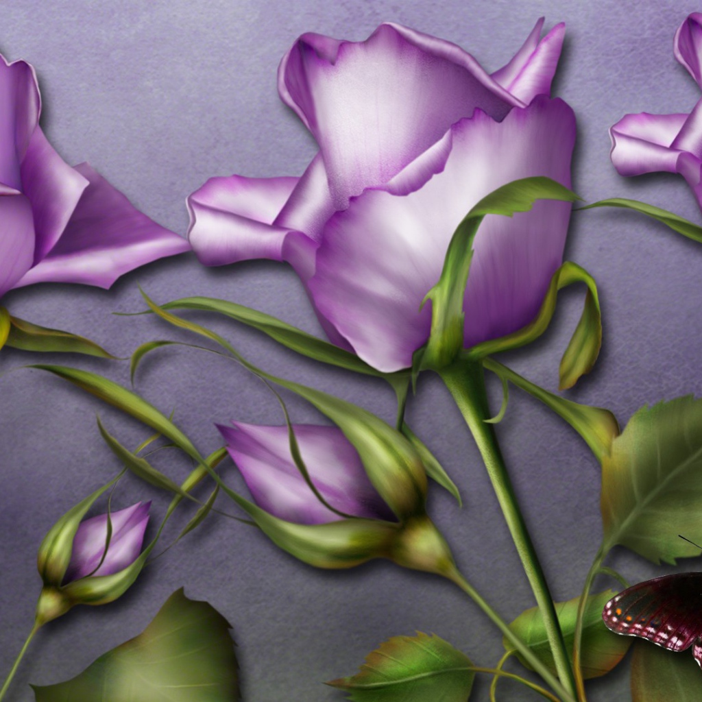 Фиолетовые розы и бабочка