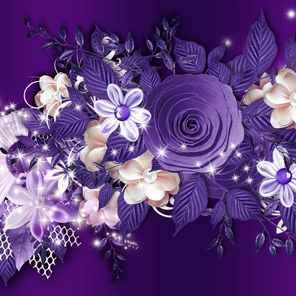 Фиолетовые розы и другие цветы на фиолетовом фоне
