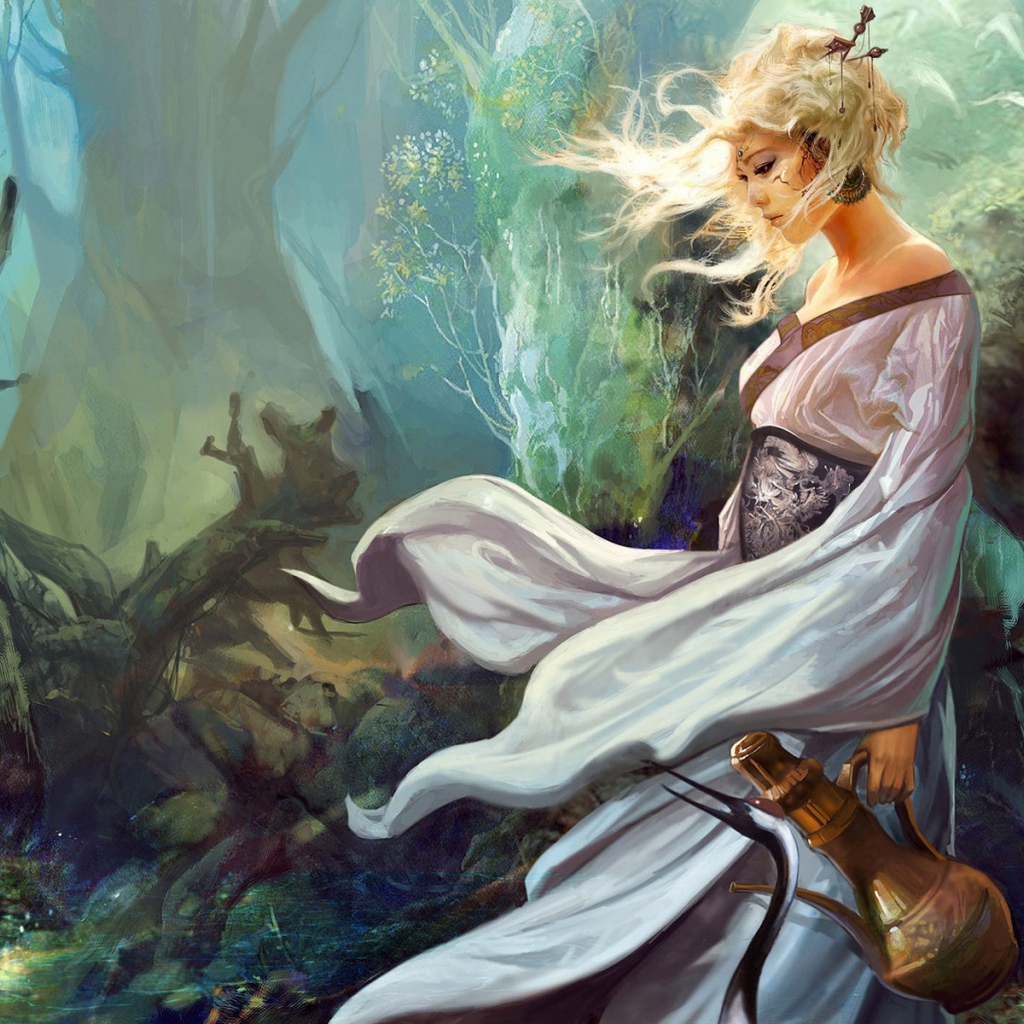 Девушка в белом платье с кувшином