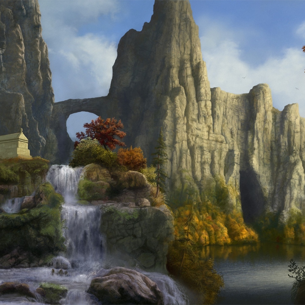 Горный пейзаж с водопадом