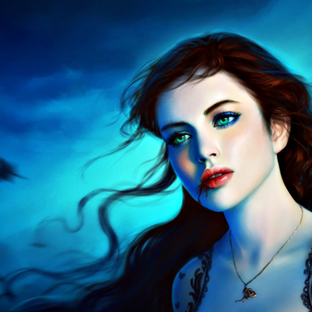 На фоне неба девушка вампир