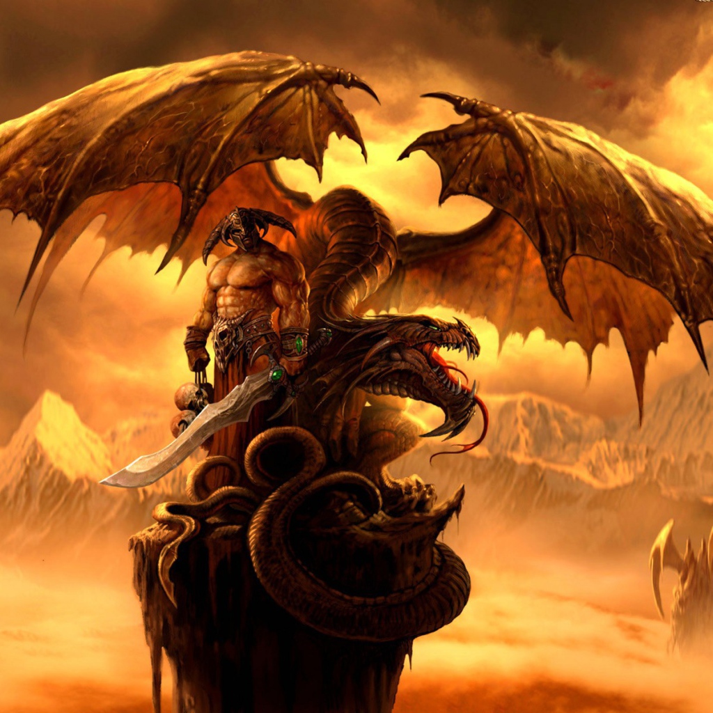 Монстр с мечом и дракон