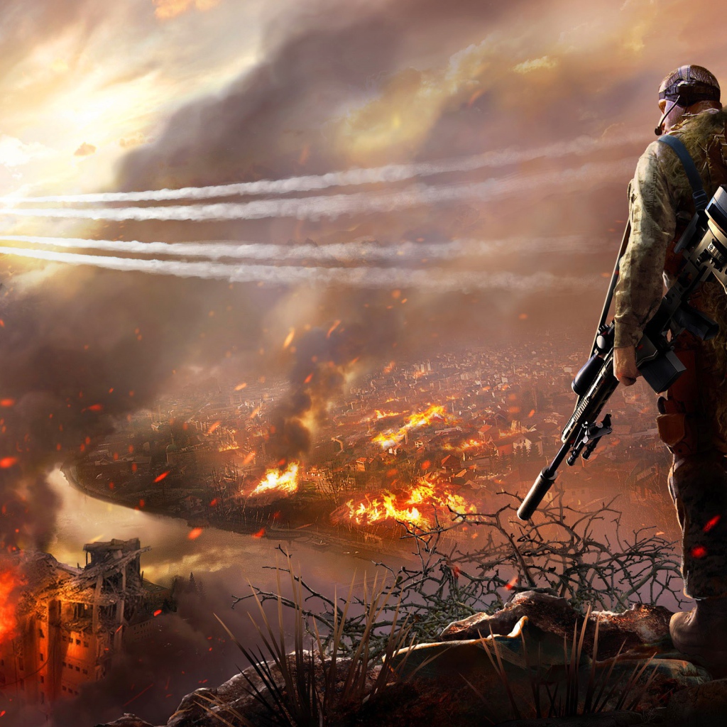 Снайпер смотрит на горящий город