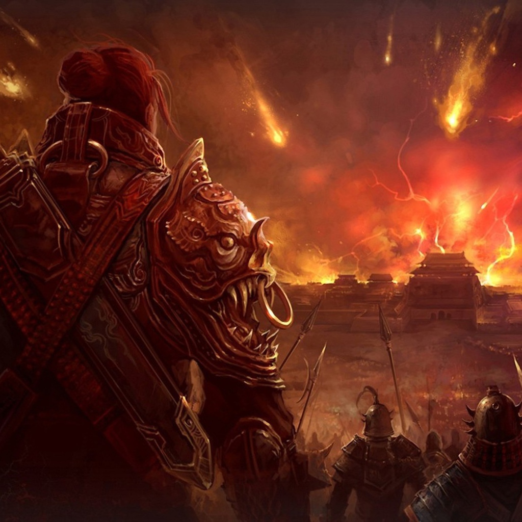 Воины смотрят на горящий город