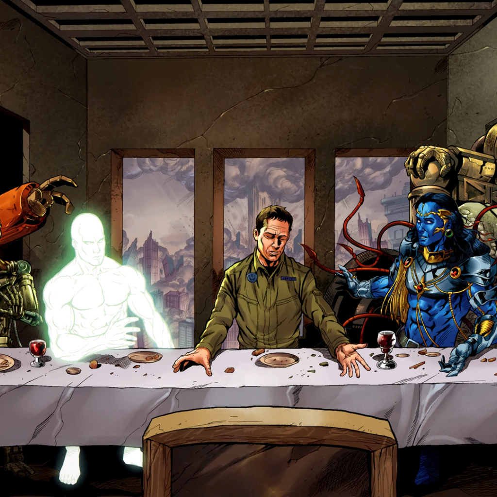 Человек обедает с роботами