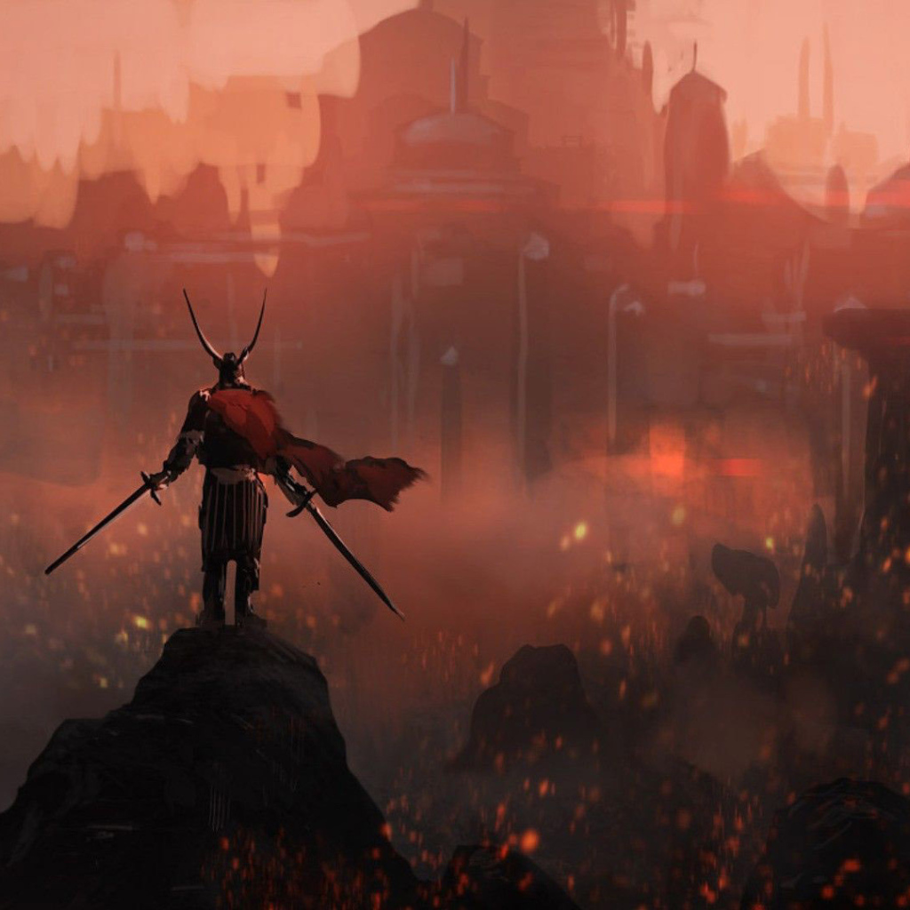 Викинг на фоне горящего города