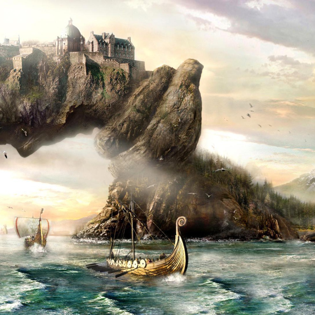 Викинги у скалы