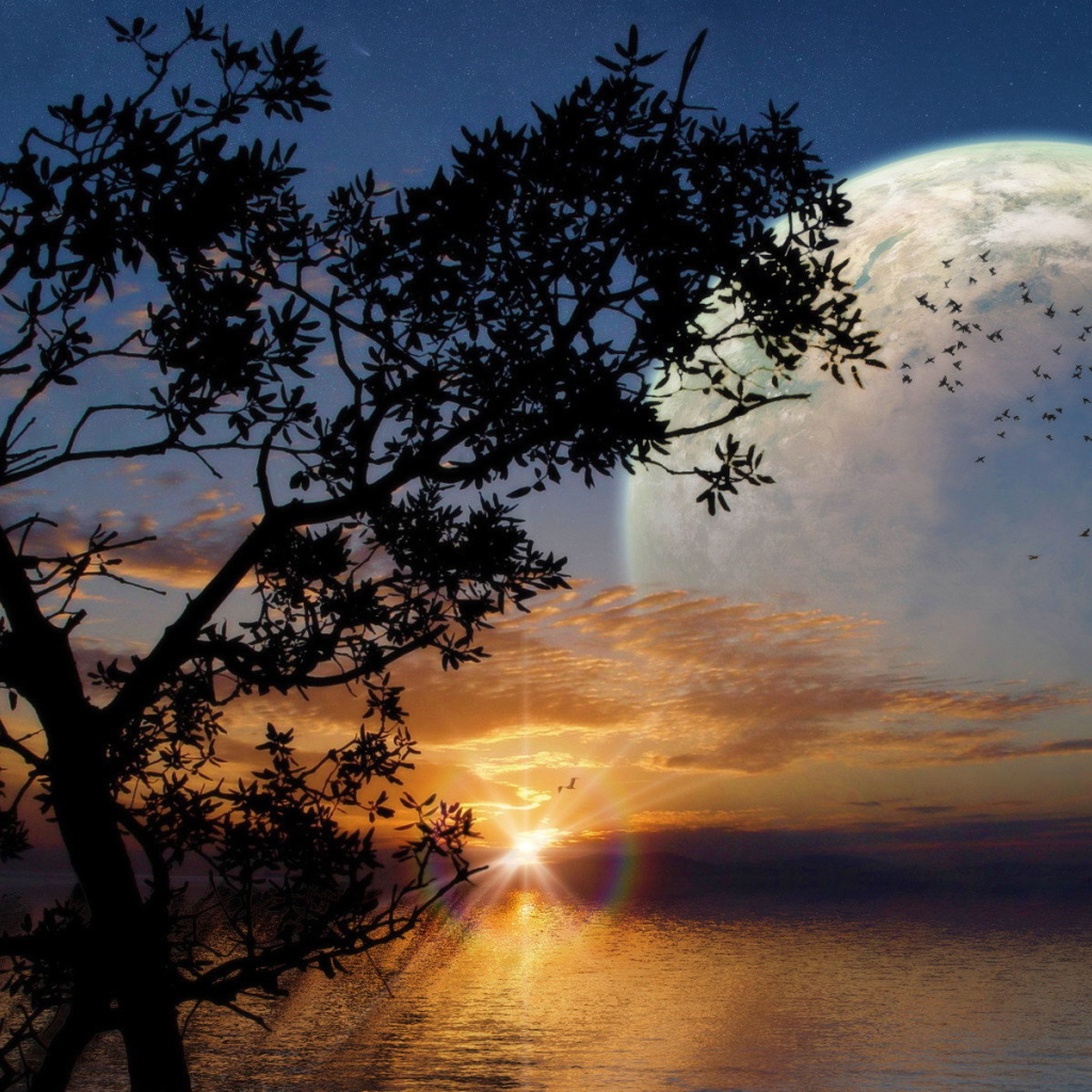 Фантастический закат с луной