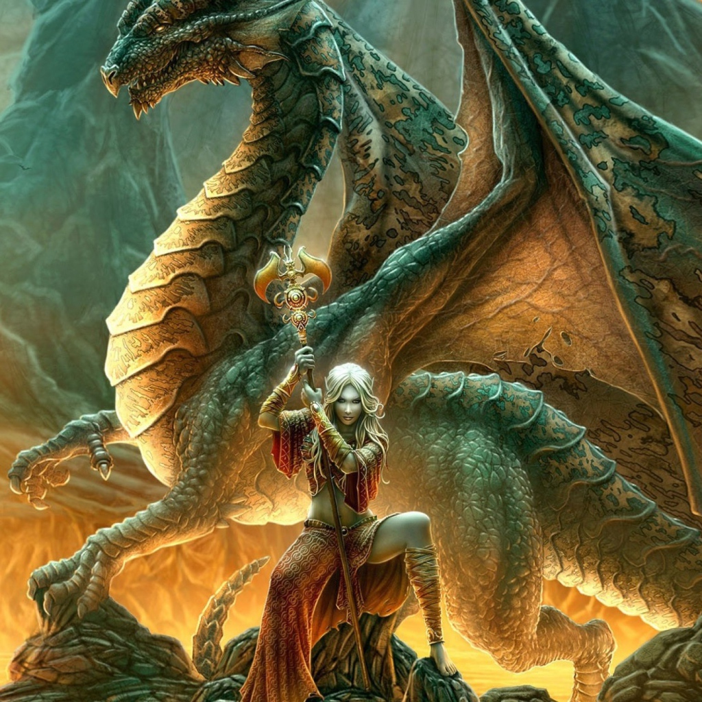 Дракон и колдунья с жезлом