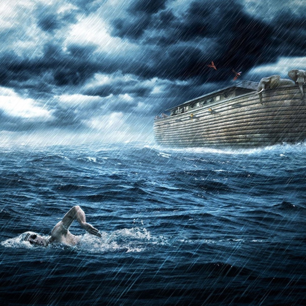 Человек плывет в океане у Ноева ковчега