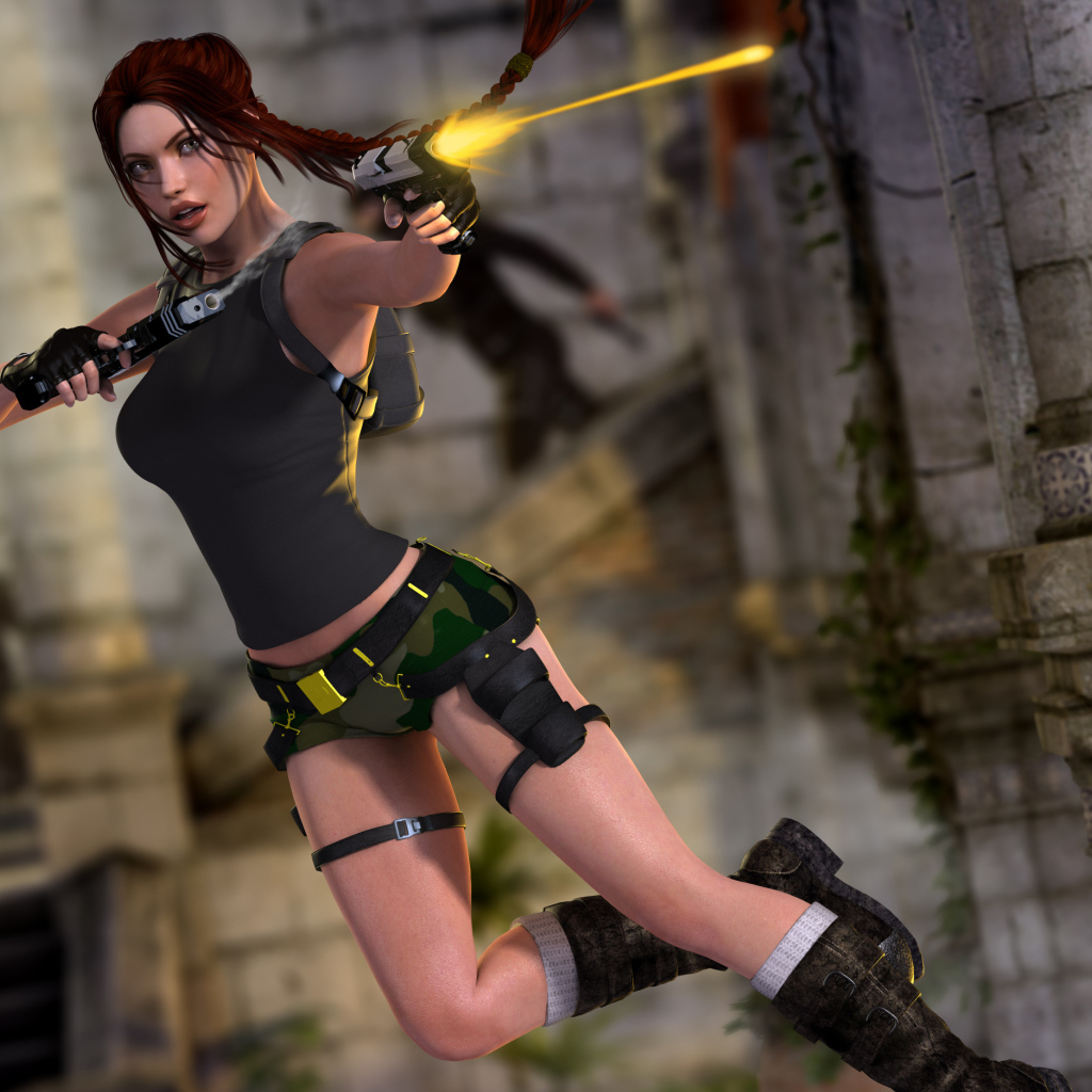 Лара стреляет в прыжке