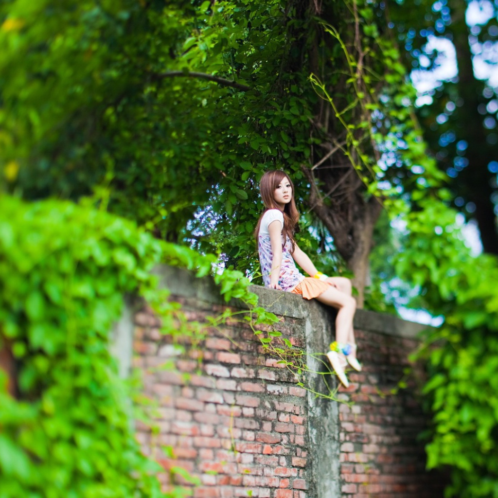 Японка сидит на стене