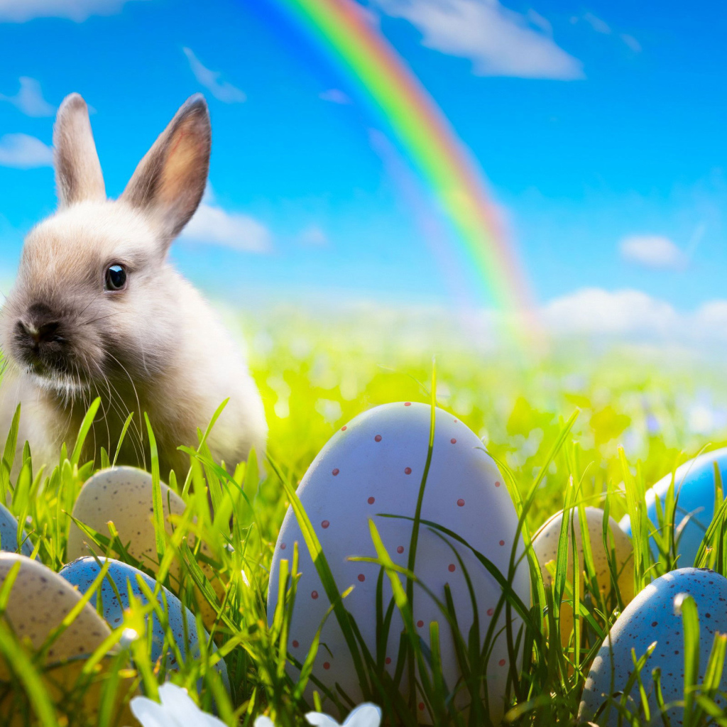 Кролик на фоне радуги на Пасху