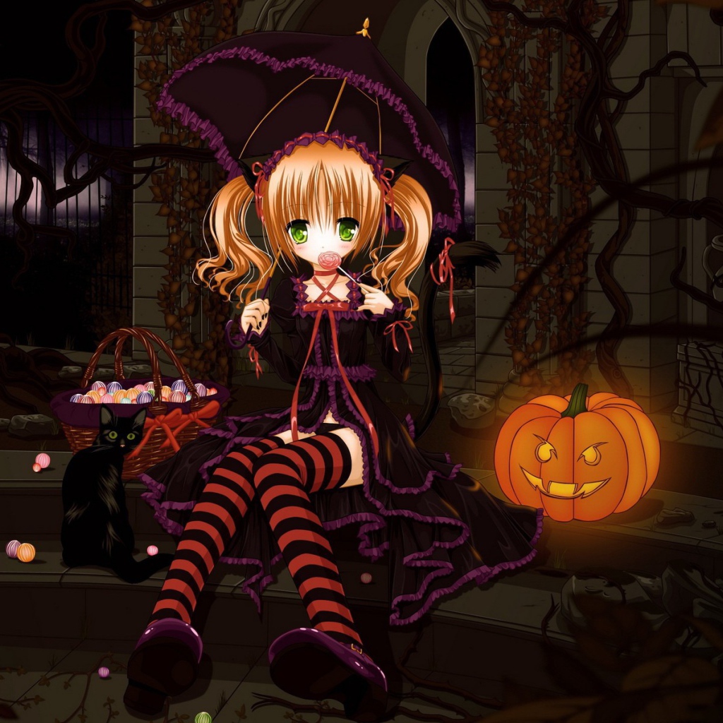 Девочка с зонтиком у тыквы