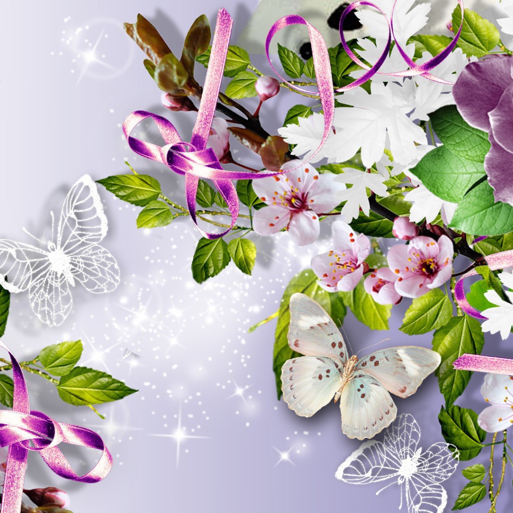 Фиолетовая роза и бабочки, картинка на восьмое марта