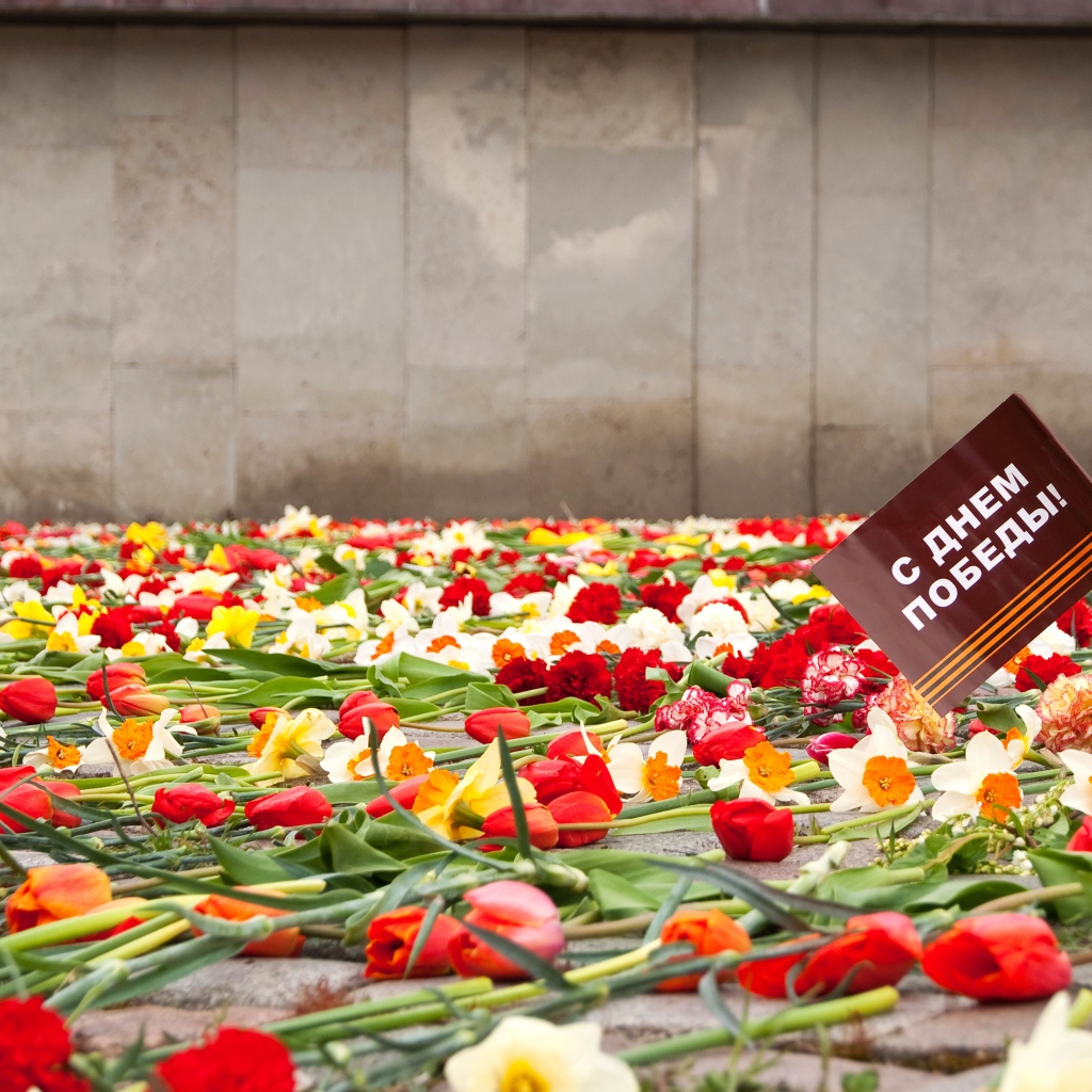 Цветы у памятника в День Победы 9 мая