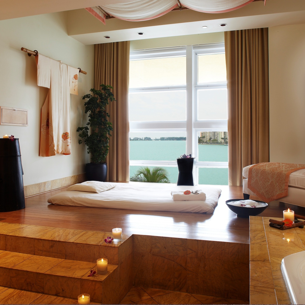 Modern bedroom with sea views