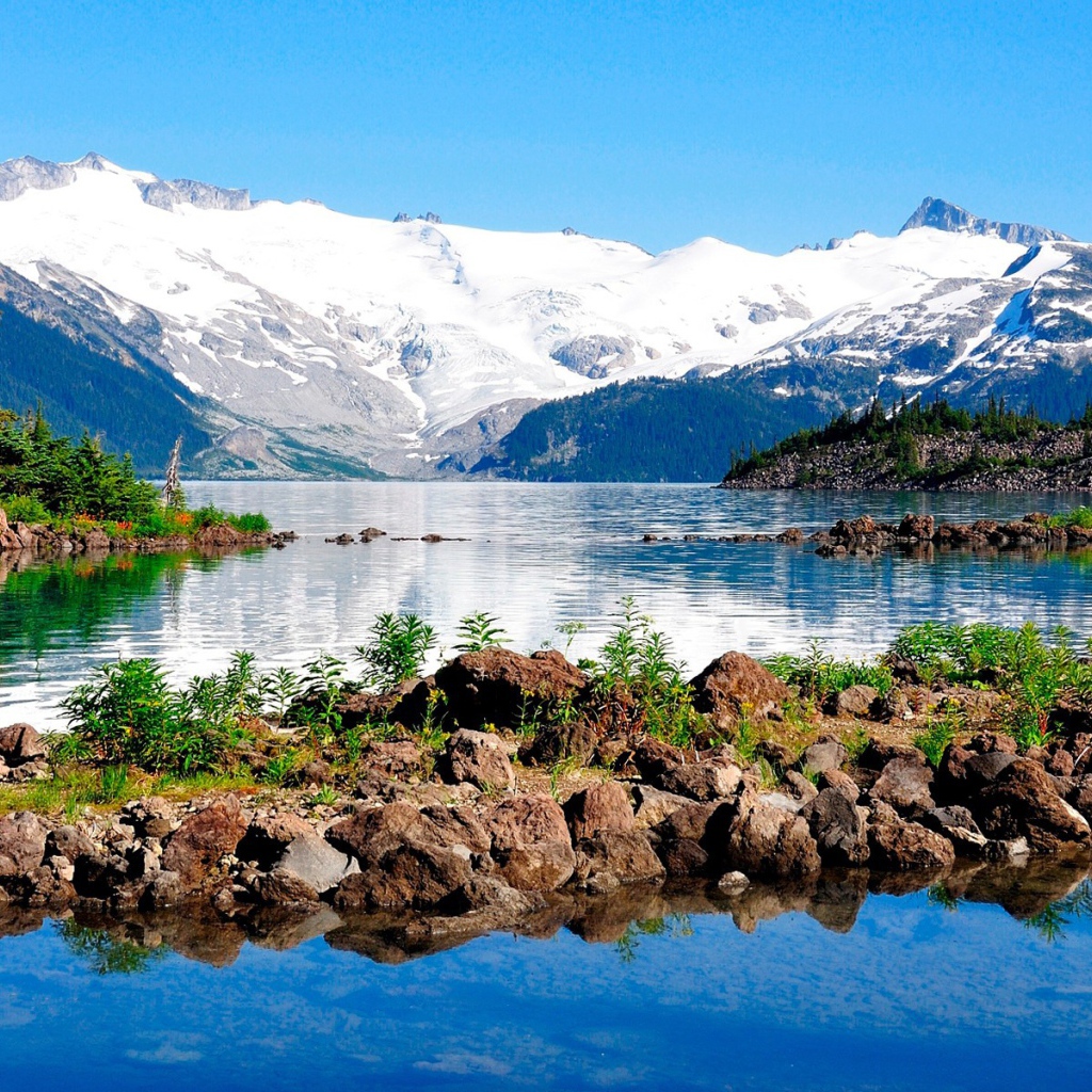 Озеро у заснеженных гор