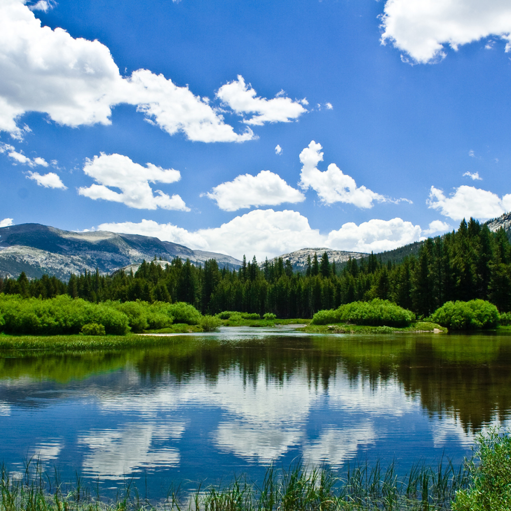 Облака отражаются в воде озера