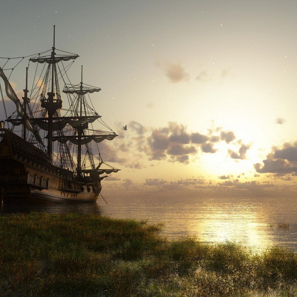 Старинный корабль у берега