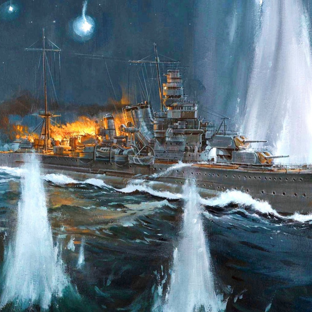 Горящий корабль в фонтанах