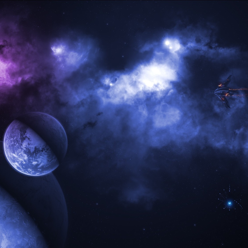 Космические корабли летят у планеты