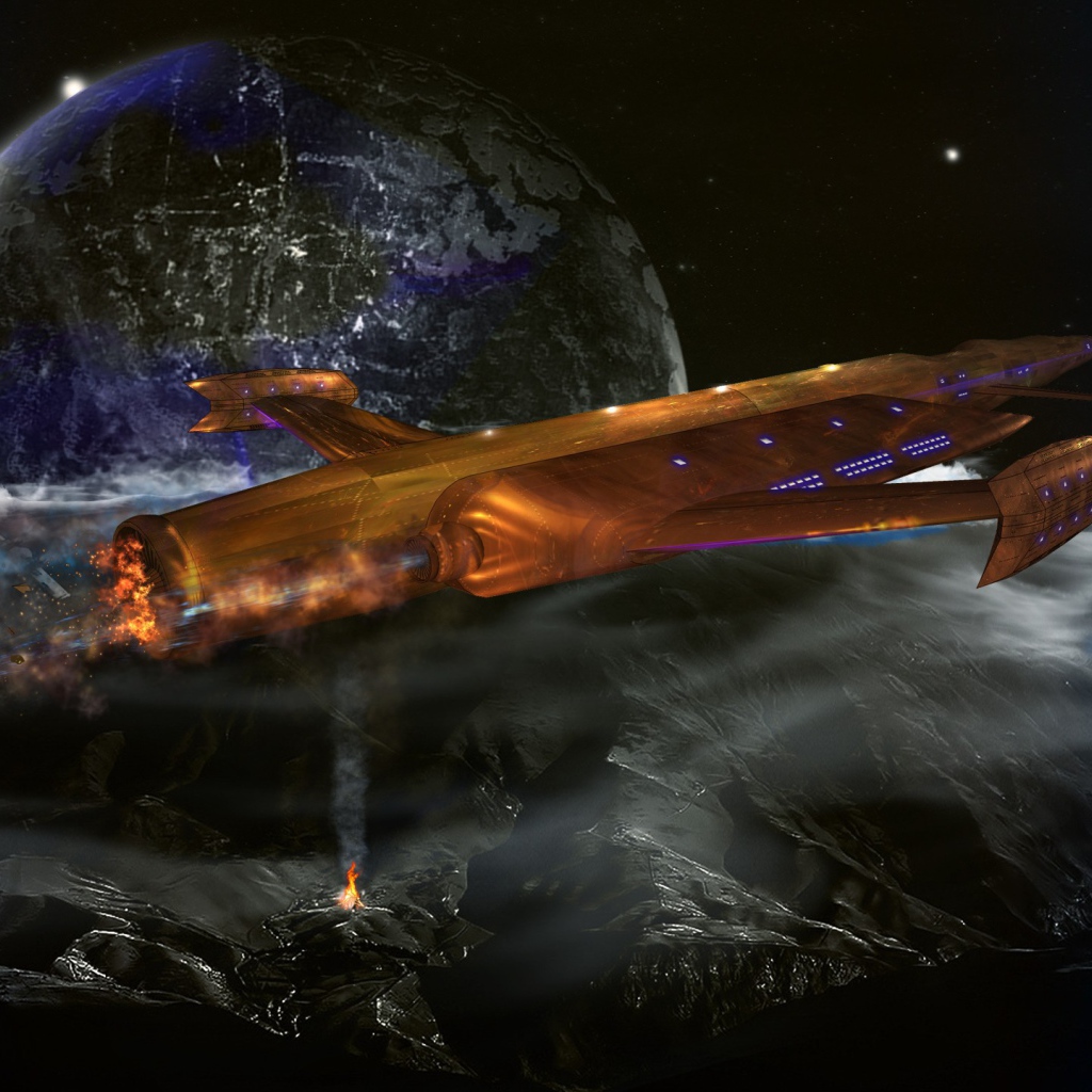 Космический корабль пролетает над планетой