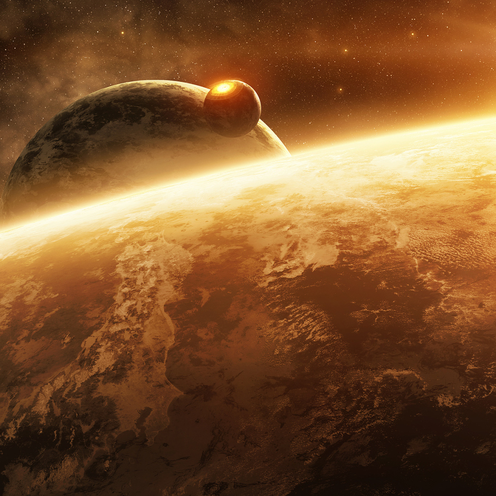 Поверхность планеты и солнце